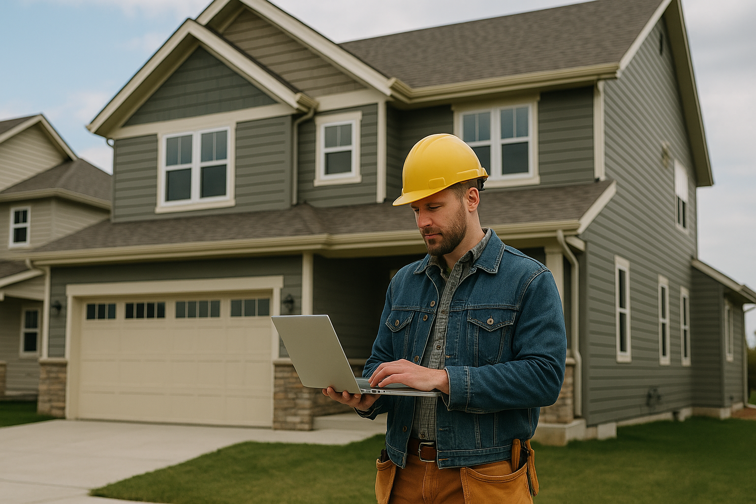 Construction worker using a laptop in front of a modern Midwestern home with gray siding and a beige garage door.